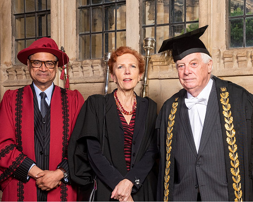 Gopal Subramanium with the Baroness Janet Royall of Blaisdon, Principal of Somerville and Lord Patten of Barnes